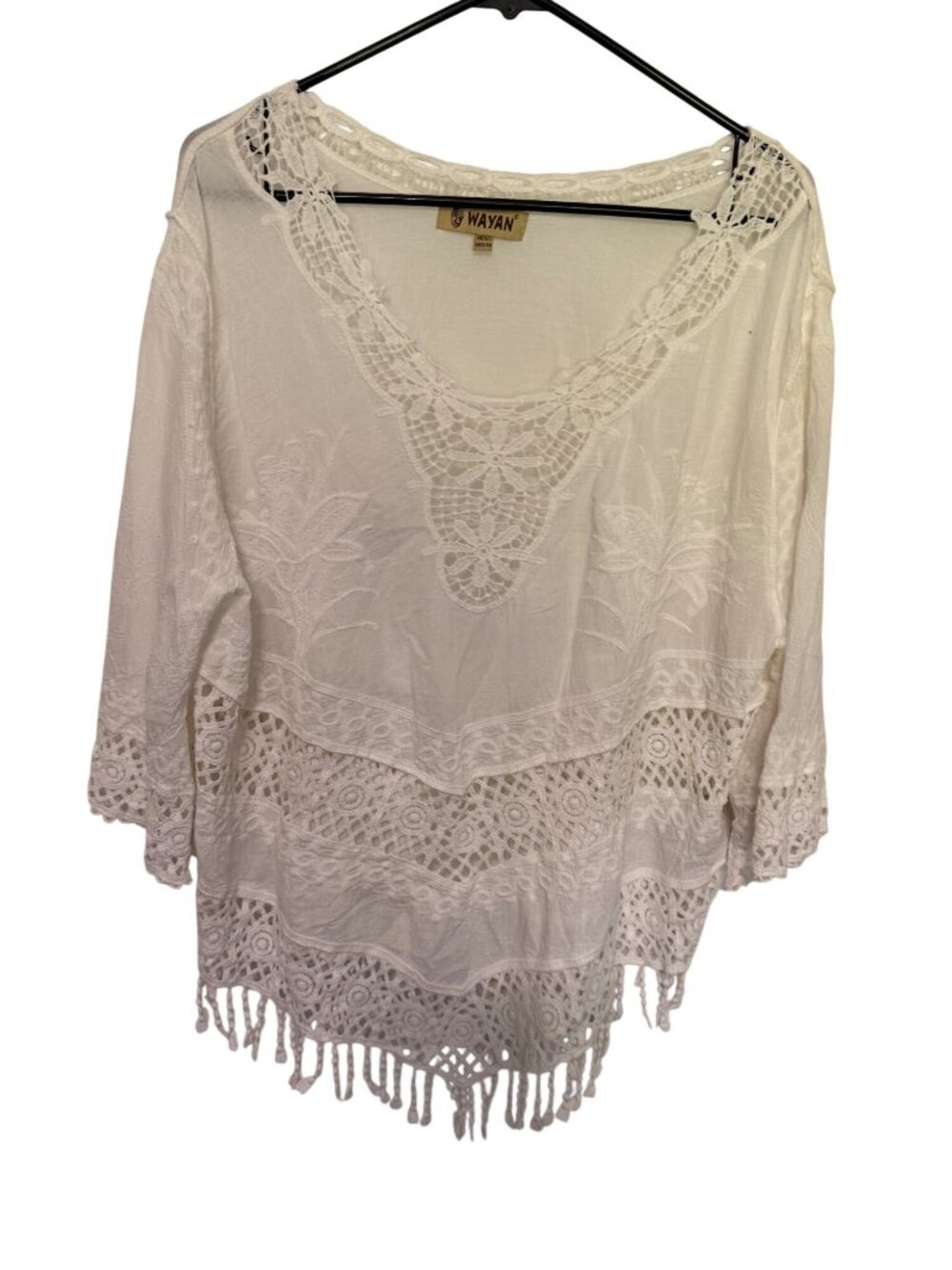 Wayan Top Embroidered Mexican Boho Fringe Trim White Womans XL
